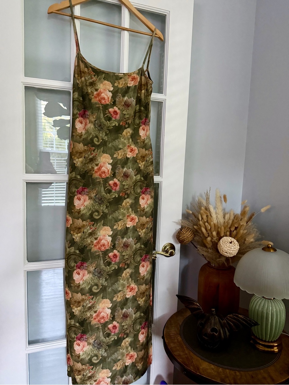 Vintage Olive Green Floral Slip Midi Dress with Spaghetti Straps